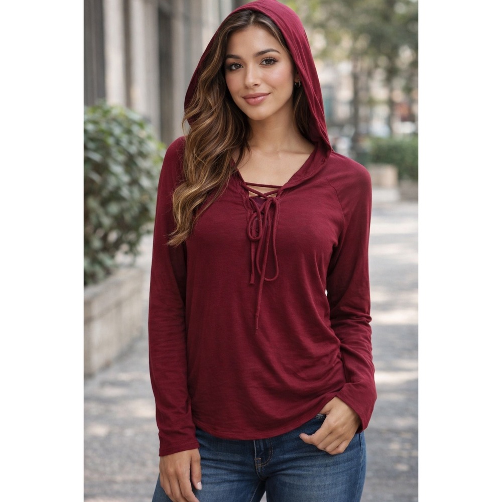 Y2K Skater Top Burgundy Lace Up Lightweight Hoodie Long Sleeve Sz M
